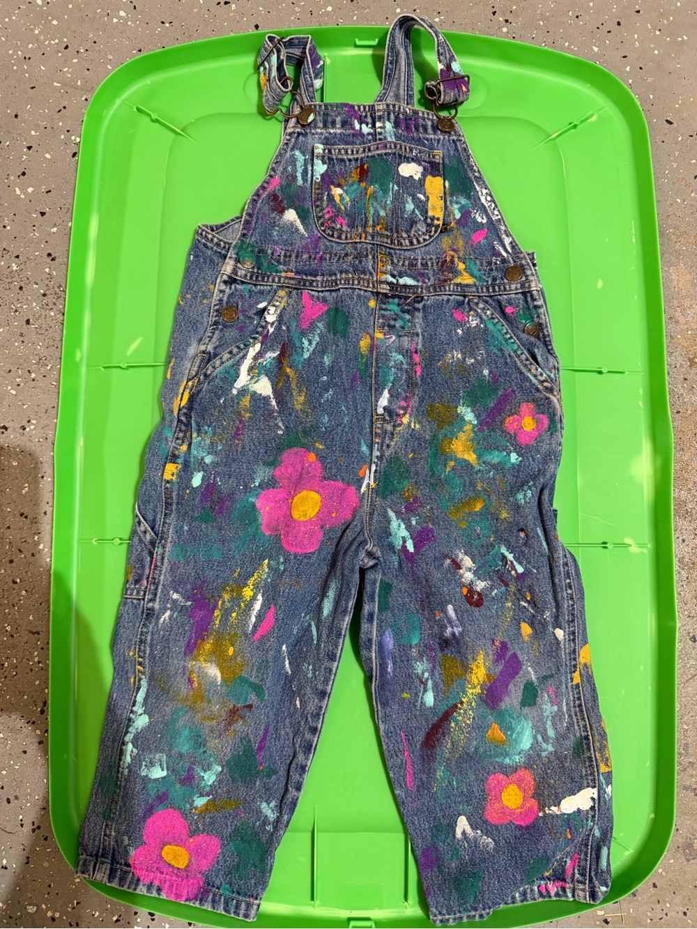 Paint-Splatter Floral Denim Overalls for Kids - Blue